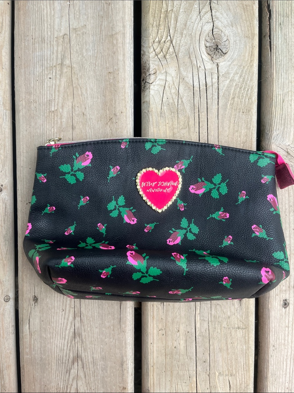 Betsey Johnson Black Floral Cosmetic Bag with Pink Heart Logo